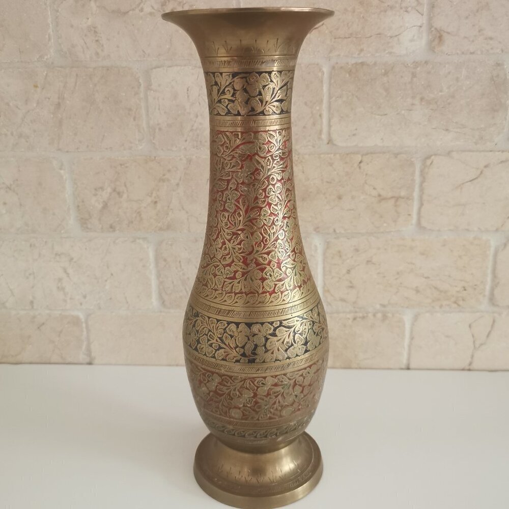 Vintage Etched Brass Vase 12" Indian Handpainted Blue Red Accents Floral Vines